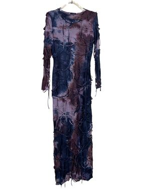 Long Sleeve Tie-Dye Textured Maxi Dress in Navy and Brown